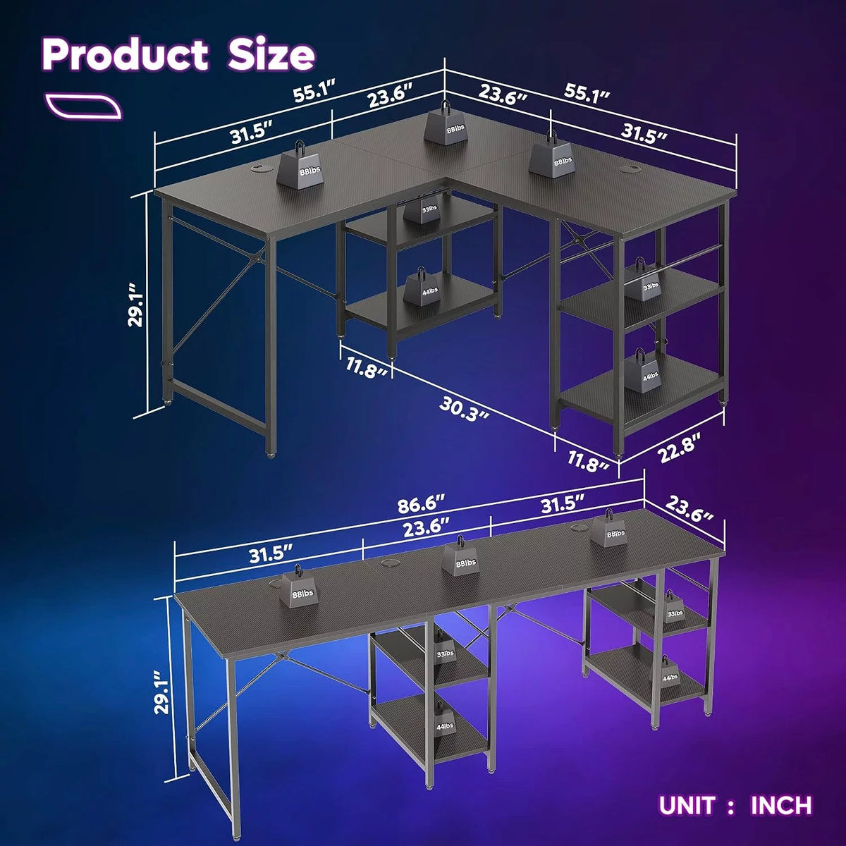 86.6 inch L-Shaped Reversible Computer Desk with Shelves V969