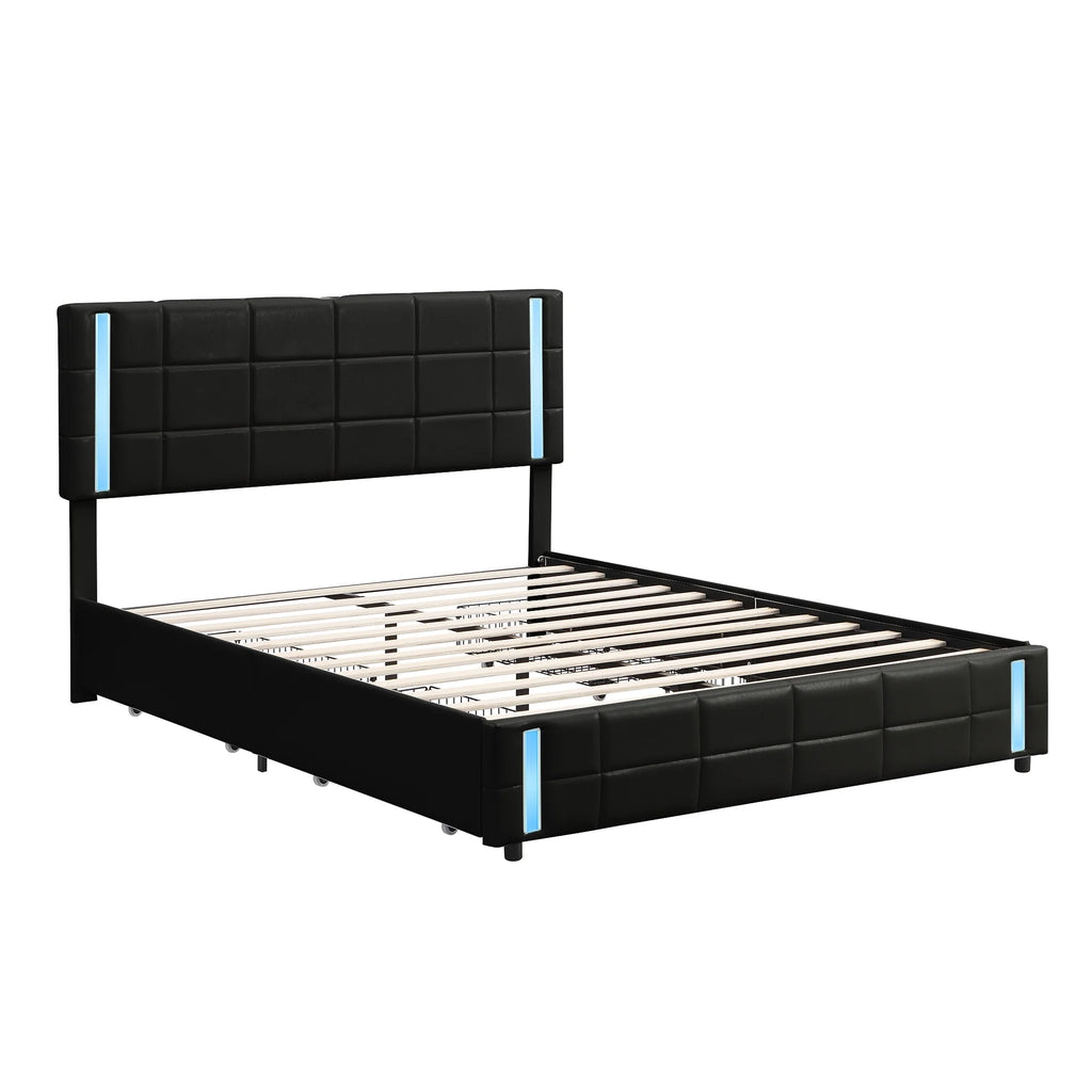 Queen Size Upholstered Platform Bed with LED Lights and USB Charging, 4 Drawers, Black S92292
