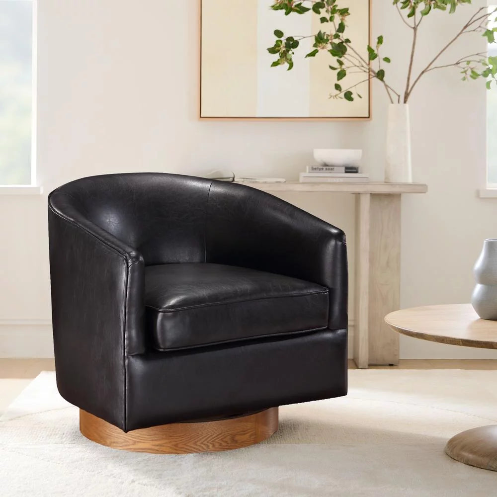 Brown Faux Leather Wood Base Swivel Chair C5549