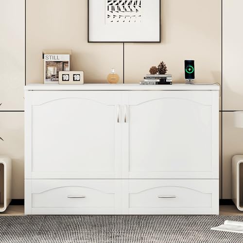 Queen Size White Wood Murphy Bed Cabinet with Storage Drawer U2845