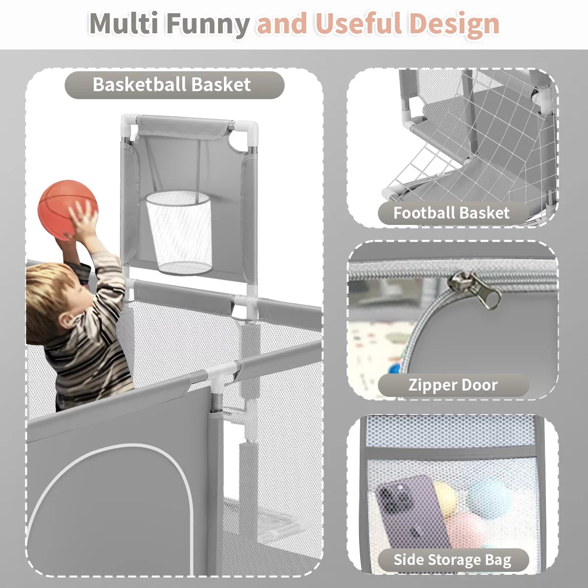 71 Inch Extra Large Baby Playpen with Basketball Hoop and Mesh E38103