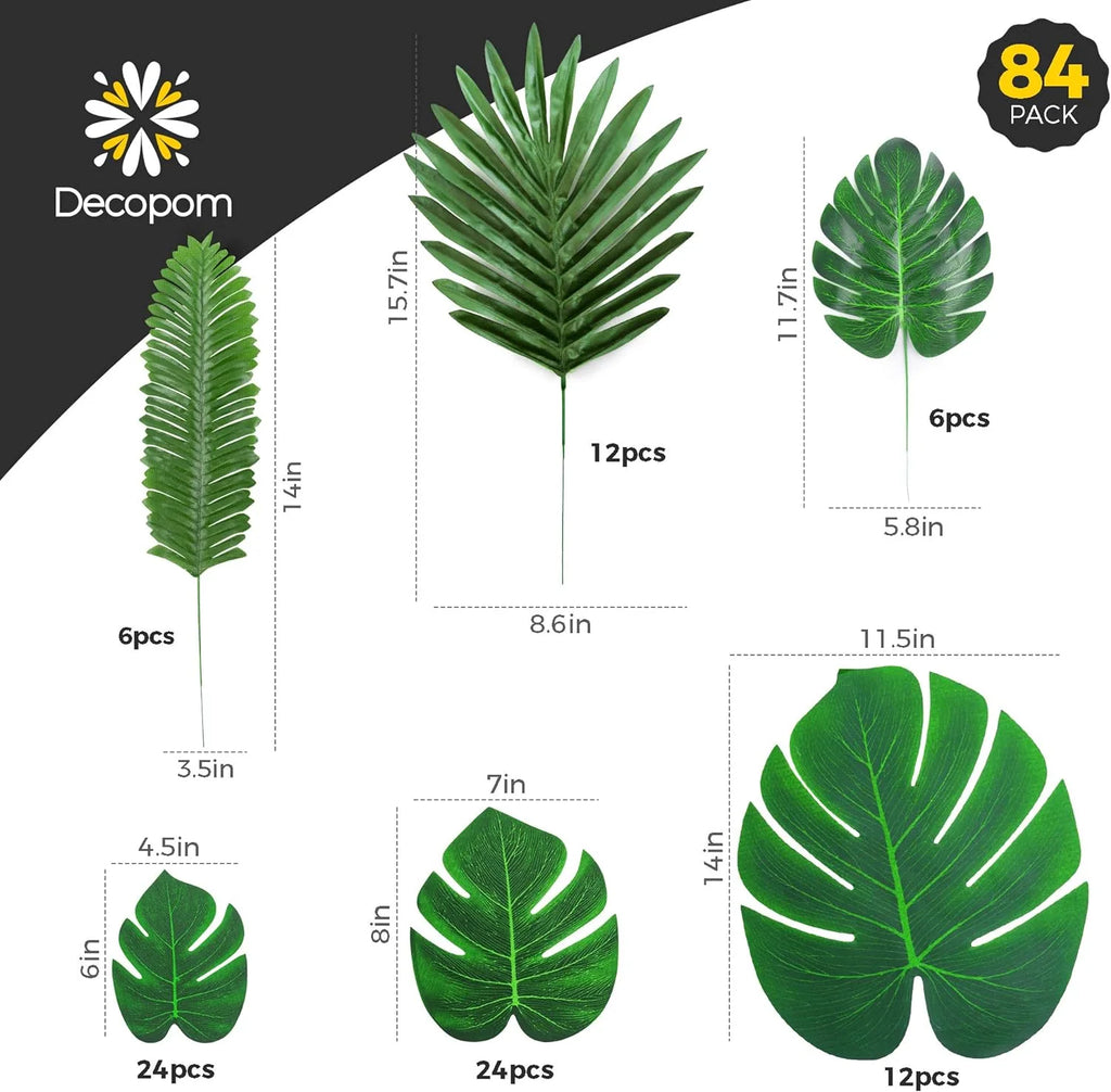 Artificial Tropical Palm Leaves 84 Pcs Green Fake Palm Leaf Decorations with Stems W11500