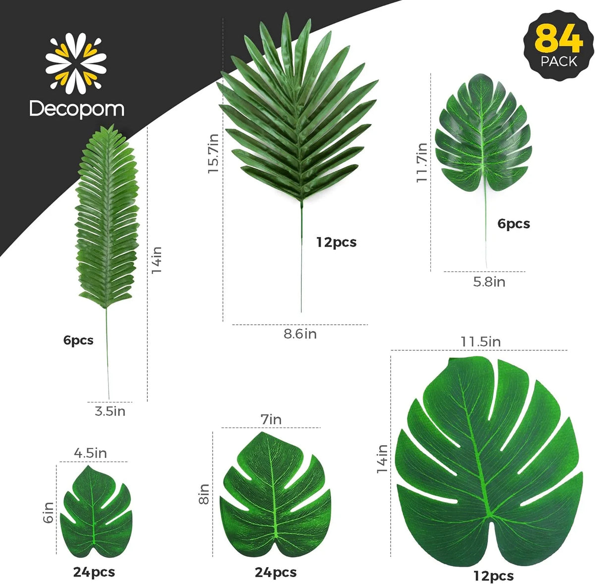Artificial Tropical Palm Leaves 84 Pcs Green Fake Palm Leaf Decorations with Stems W11500