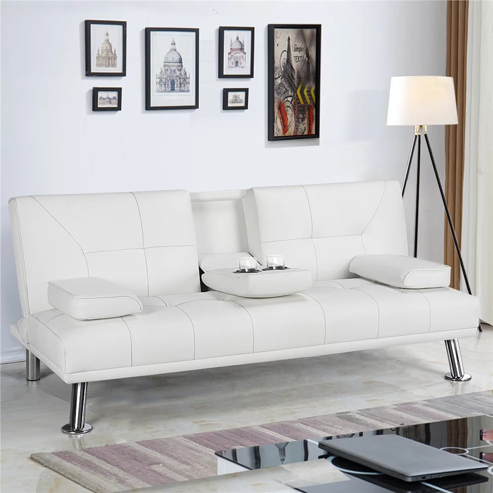 White Faux Leather Futon with Cupholders and Pillows Q420776
