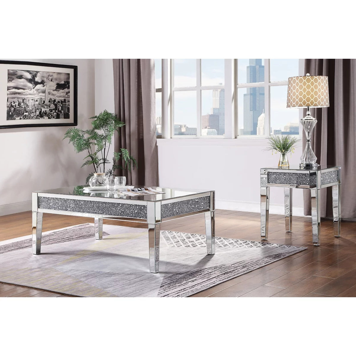Wood and Mirror Coffee Table with Faux Crystals Inlay L104