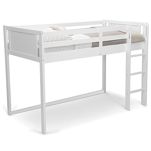 White Twin Loft Bed with Guardrail and Ladder E5493