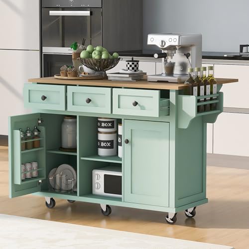 Farmhouse Kitchen Island with Power Outlet, Drop Leaf, Spice Rack and Drawer I325