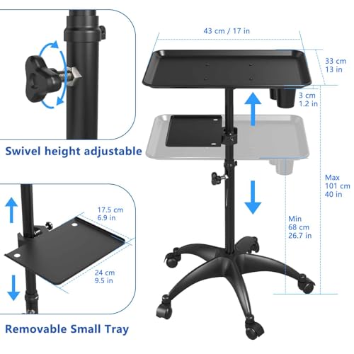 Black Adjustable Height Aluminum Salon Tray Cart with Wheels W5752