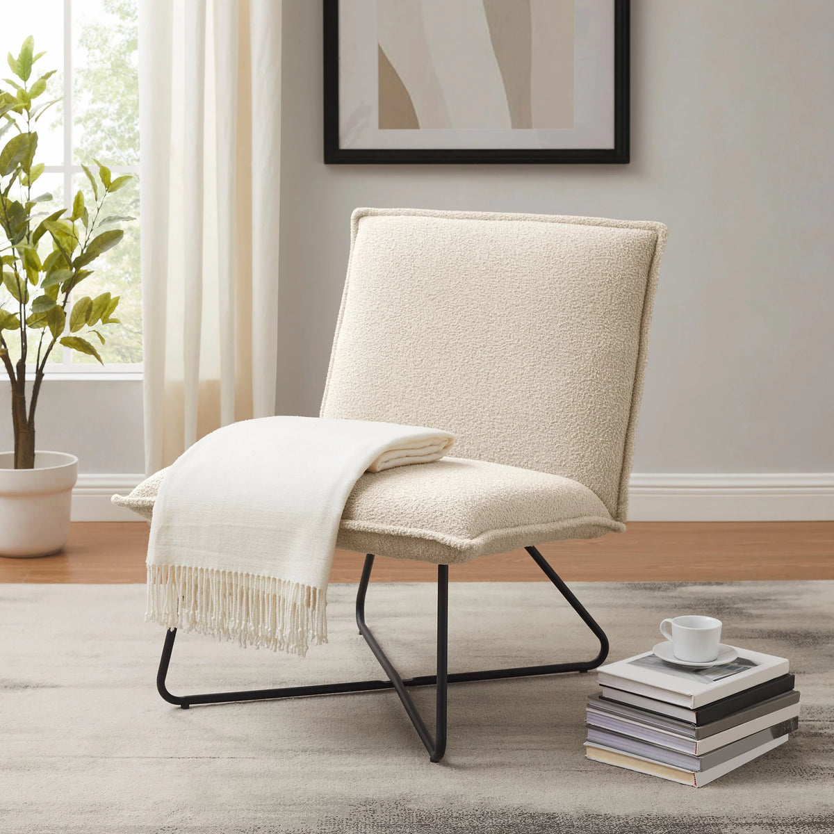 Beige Sherpa Accent Chair with Black Metal Legs X71889