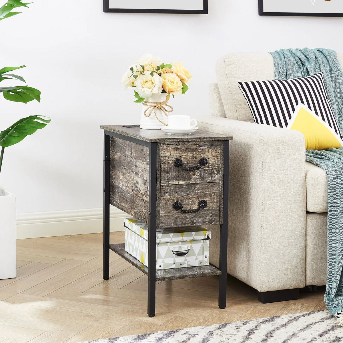 Oak Gray 2 Drawer Nightstand with Charging Station F599002