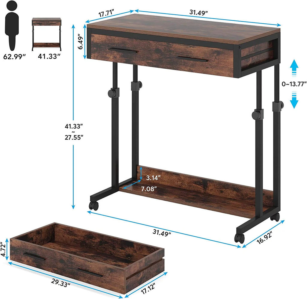 Adjustable Side Table with Drawers & Wheels R652063