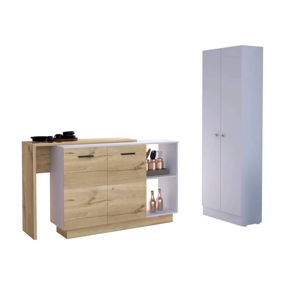 2-Piece White and Light Oak Kitchen Island and Pantry Cabinet Y4178