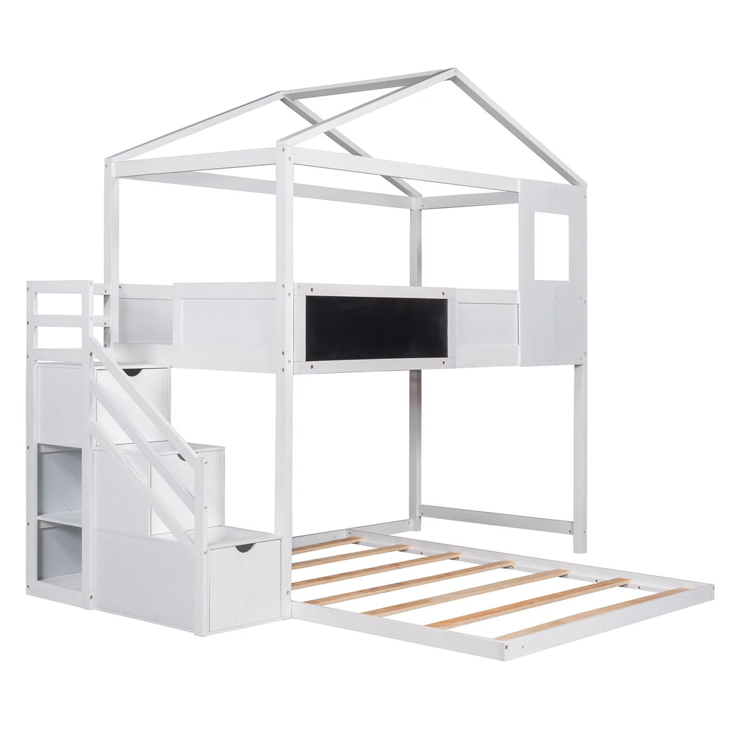White Solid Wood Twin over Full Bunk Bed with Storage Staircase X91123