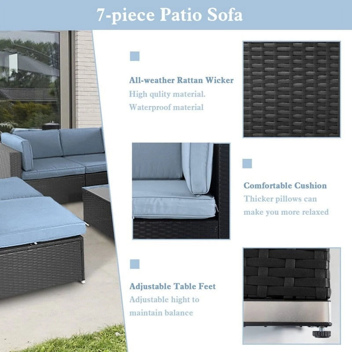 Black Wicker Rattan 7-piece Sectional Sofa Set O59513