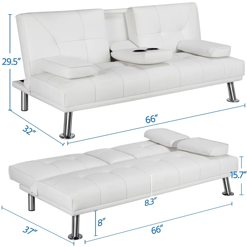 White Faux Leather Futon with Cupholders and Pillows Q420776
