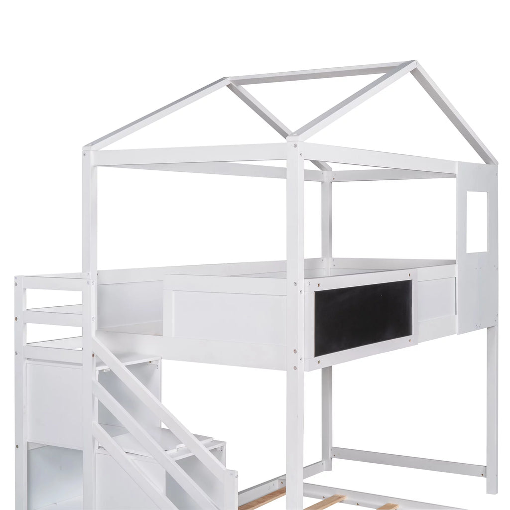 White Solid Wood Twin over Full Bunk Bed with Storage Staircase X91123