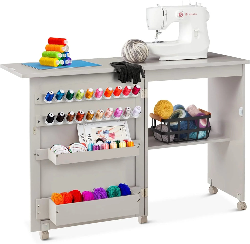 Folding Sewing Table Craft Station with Wheels Shelves Bins Gray C56397