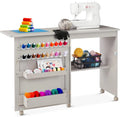 Folding Sewing Table Craft Station with Wheels Shelves Bins Gray C56397