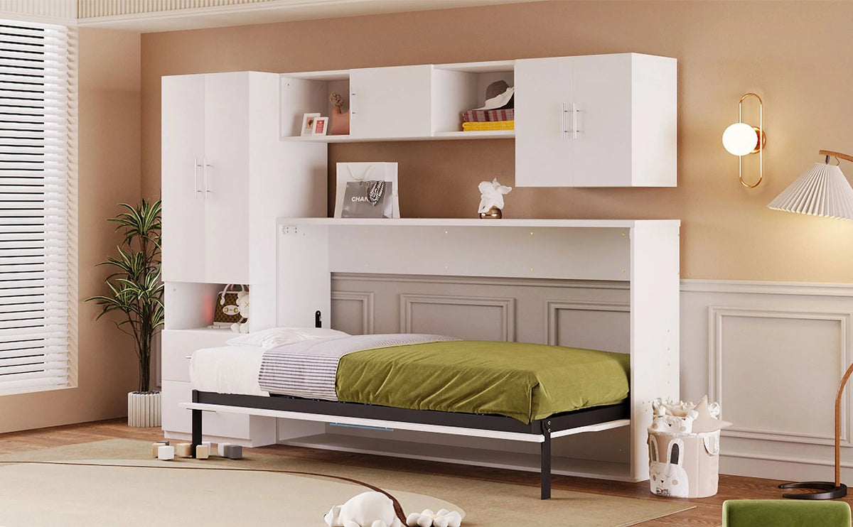 Twin Size Murphy Bed with Shelves Storage Drawers Wardrobe Table White Z58066