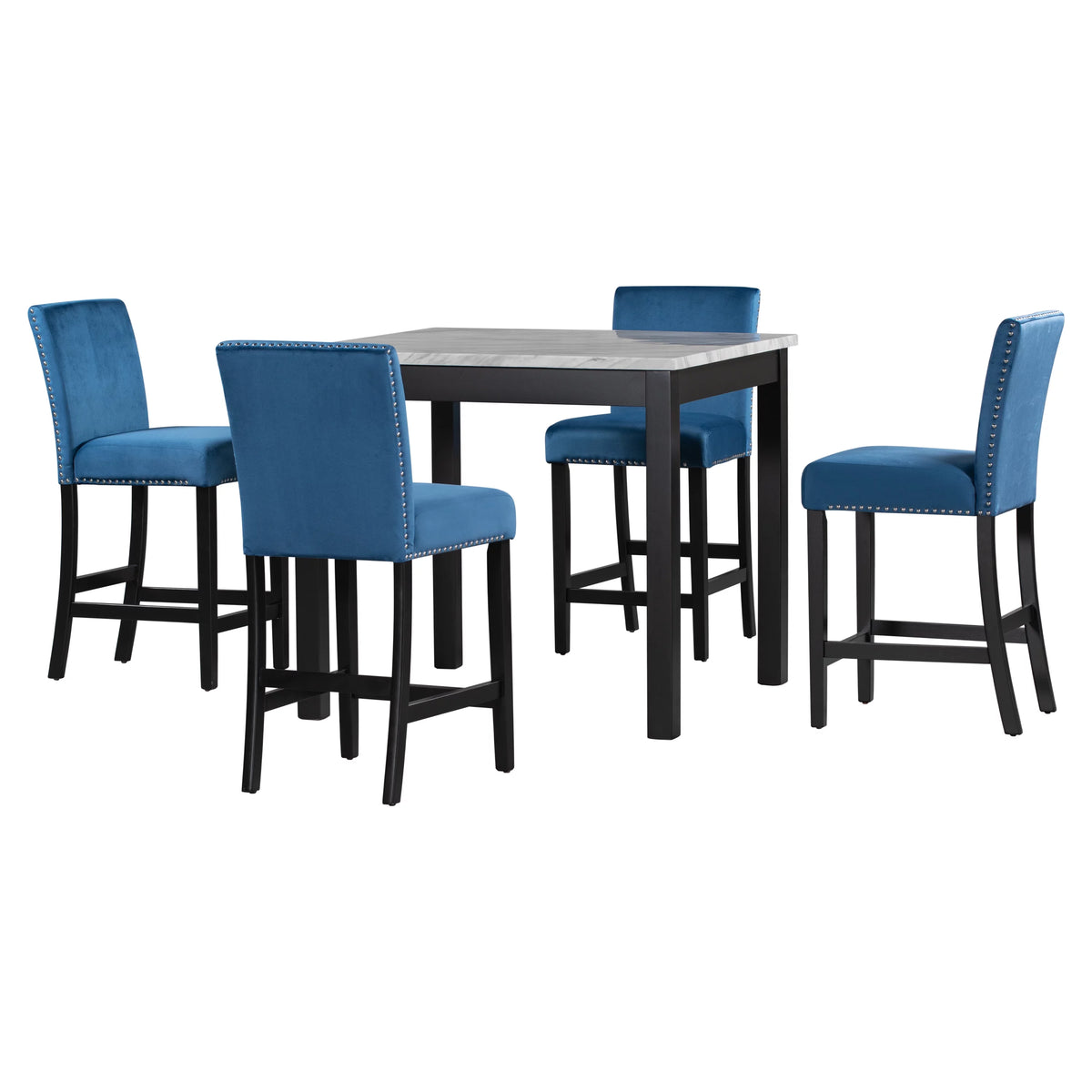 Blue 5-Piece Faux Marble Dining Table Set with 4 Upholstered Chairs X35922