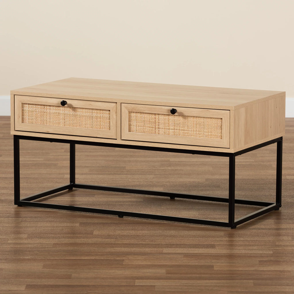 Natural Brown Wood and Rattan 2-Drawer Coffee Table G166