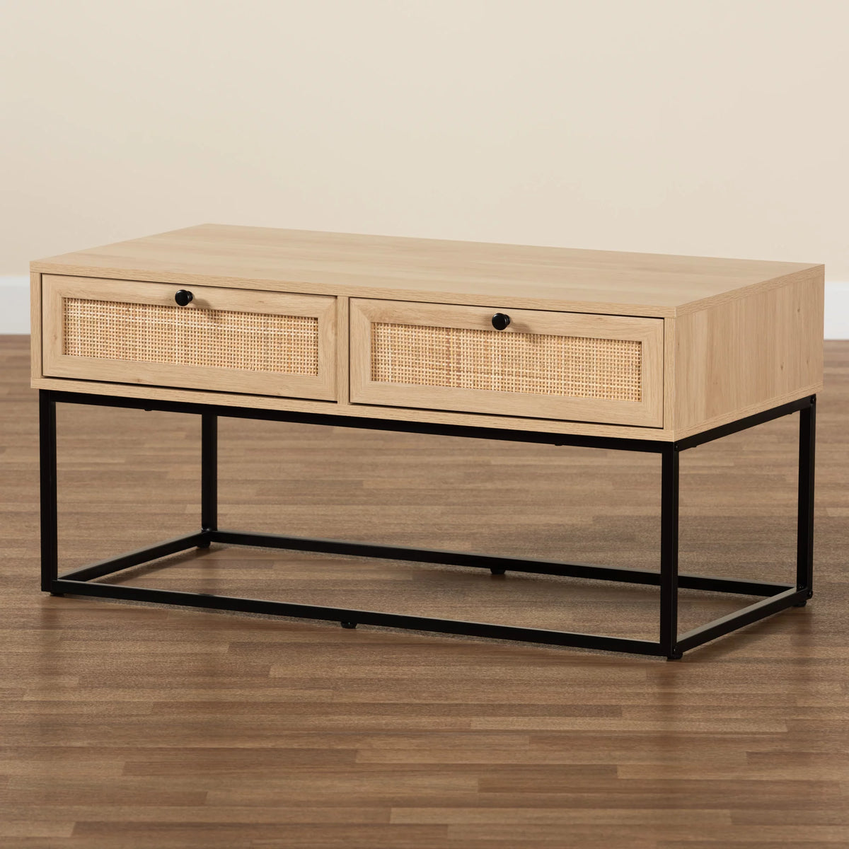 Natural Brown Wood and Rattan 2-Drawer Coffee Table G166
