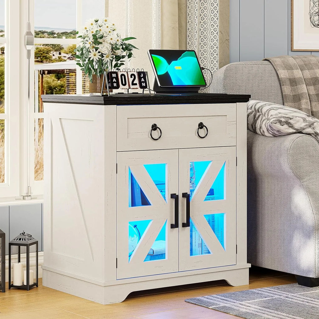 White Glass Door End Table with LED Lights and USB Port V83952