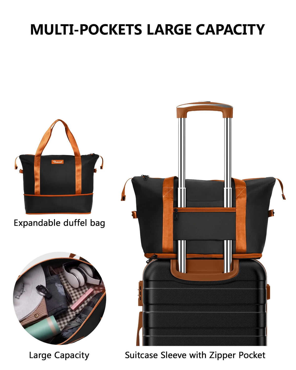 20 inch Carry-on Luggage Spinner Suitcase with Expandable Duffel Bag Travel Set, Black Tan Z95808