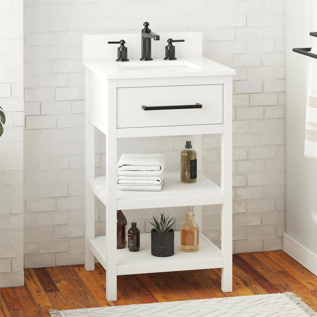 White 20 Inch Bathroom Vanity with Countertop and 2 Storage Shelves J295485