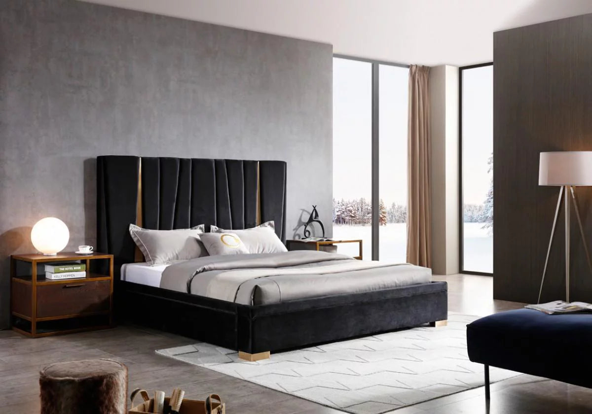 Black Velvet & Brass Queen Bed E701