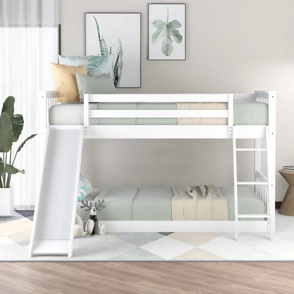 Twin over Twin Solid Wood Bunk Bed with Slide and Ladder F88336