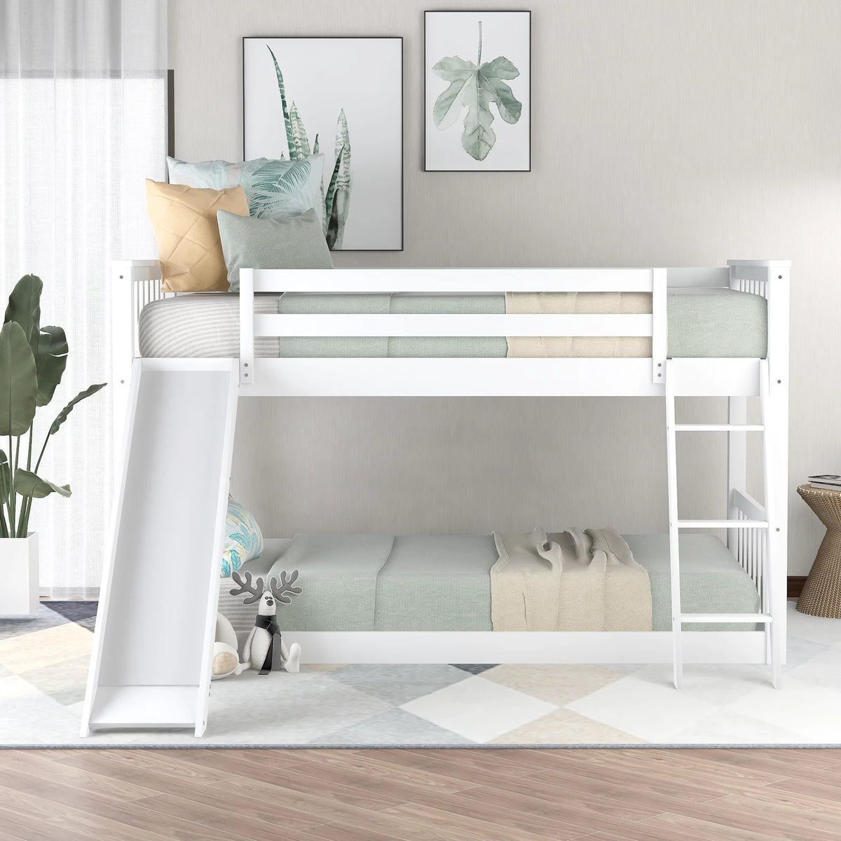 Twin over Twin Solid Wood Bunk Bed with Slide and Ladder F88336