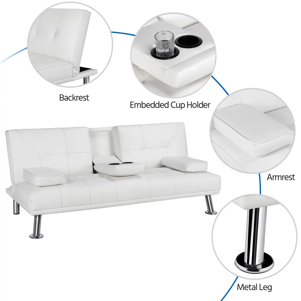 White Faux Leather Futon with Cupholders and Pillows Q420776