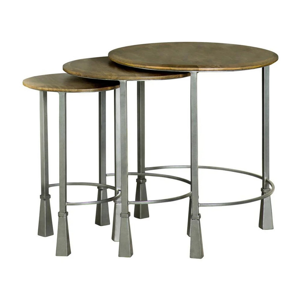 3 Piece Round Nesting End Table Set Gray Iron Legs Mango Brown Wood Q8487