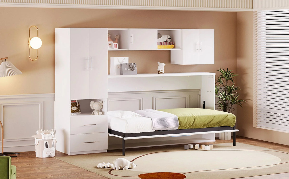 Twin Size Murphy Bed with Shelves Storage Drawers Wardrobe Table White Z58066