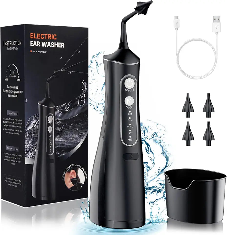 Electric Ear Cleaning Kit with 4 Reusable Replacement Tips Black S1182