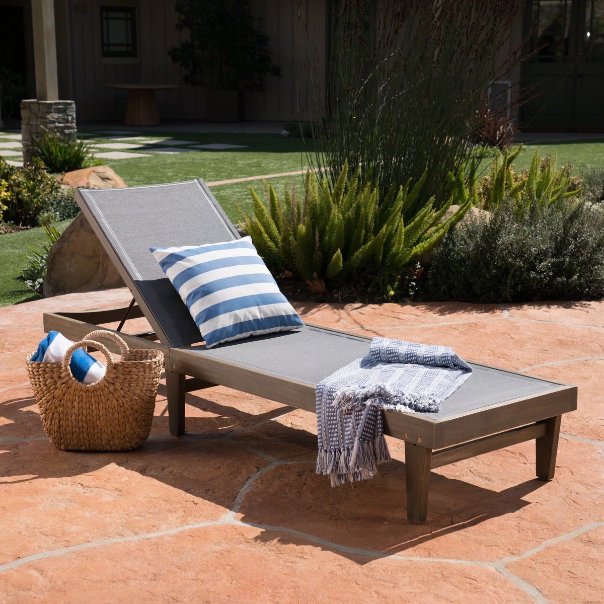 Gray Acacia Wood Mesh Chaise Lounge Y138596