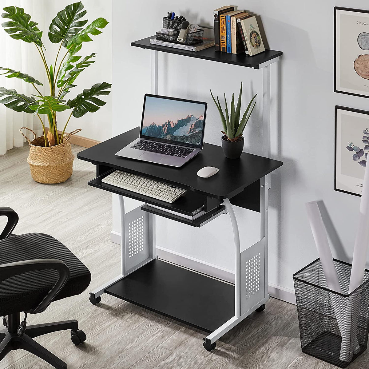 Black 2 Tier Mobile Computer Desk with Printer Shelf Q94175