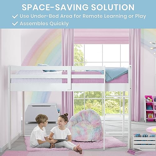 White Twin Loft Bed with Guardrail and Ladder E5493