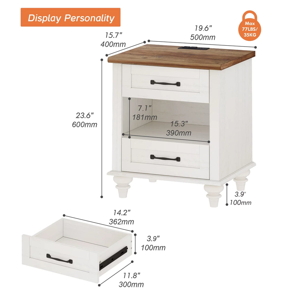 White and Brown Nightstand with Charging Station and Drawer I120055
