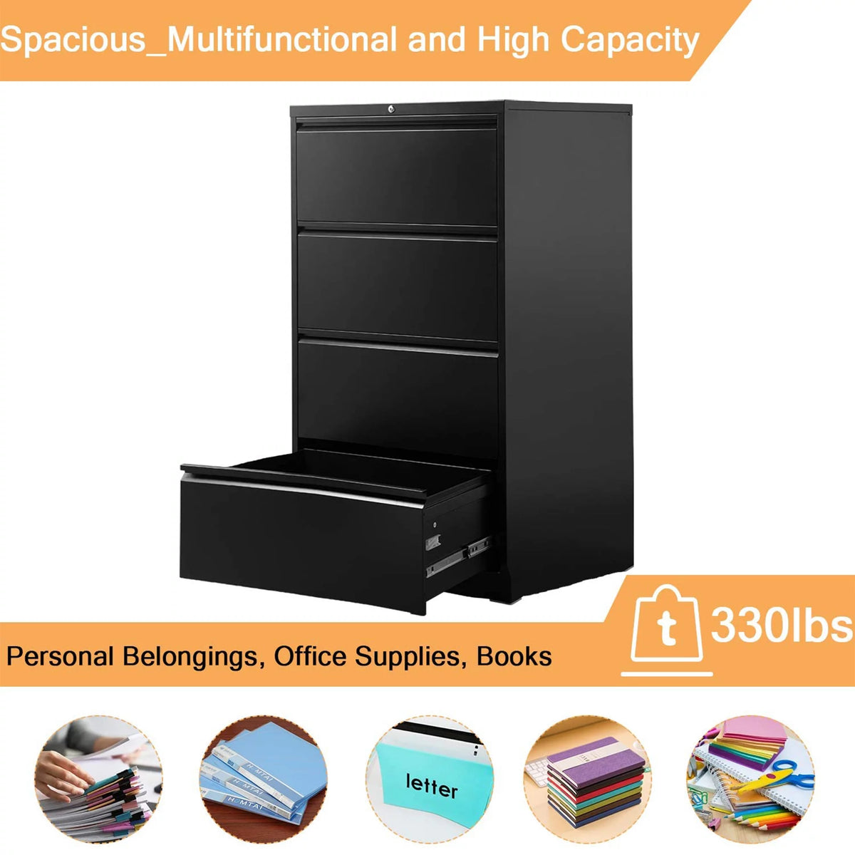 4 Drawer Black File Cabinet with Lock I5138