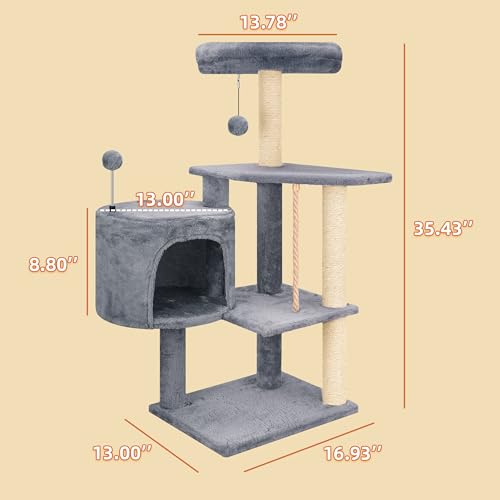 Multifunctional Grey Cat Tree with Condo, Perches, Scratching Posts and Hanging Rope C9055