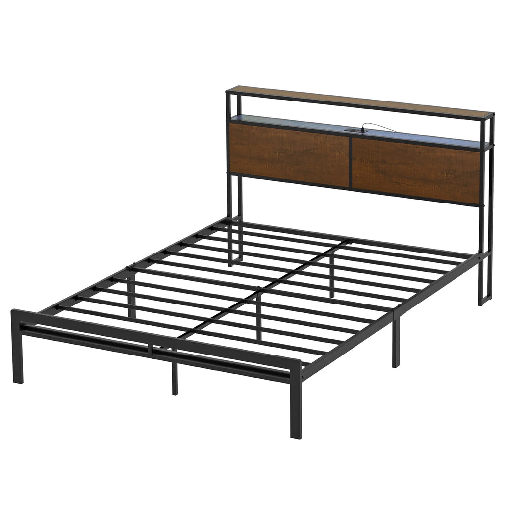 Queen Size Metal Platform Bed Frame with Wooden Headboard M89649