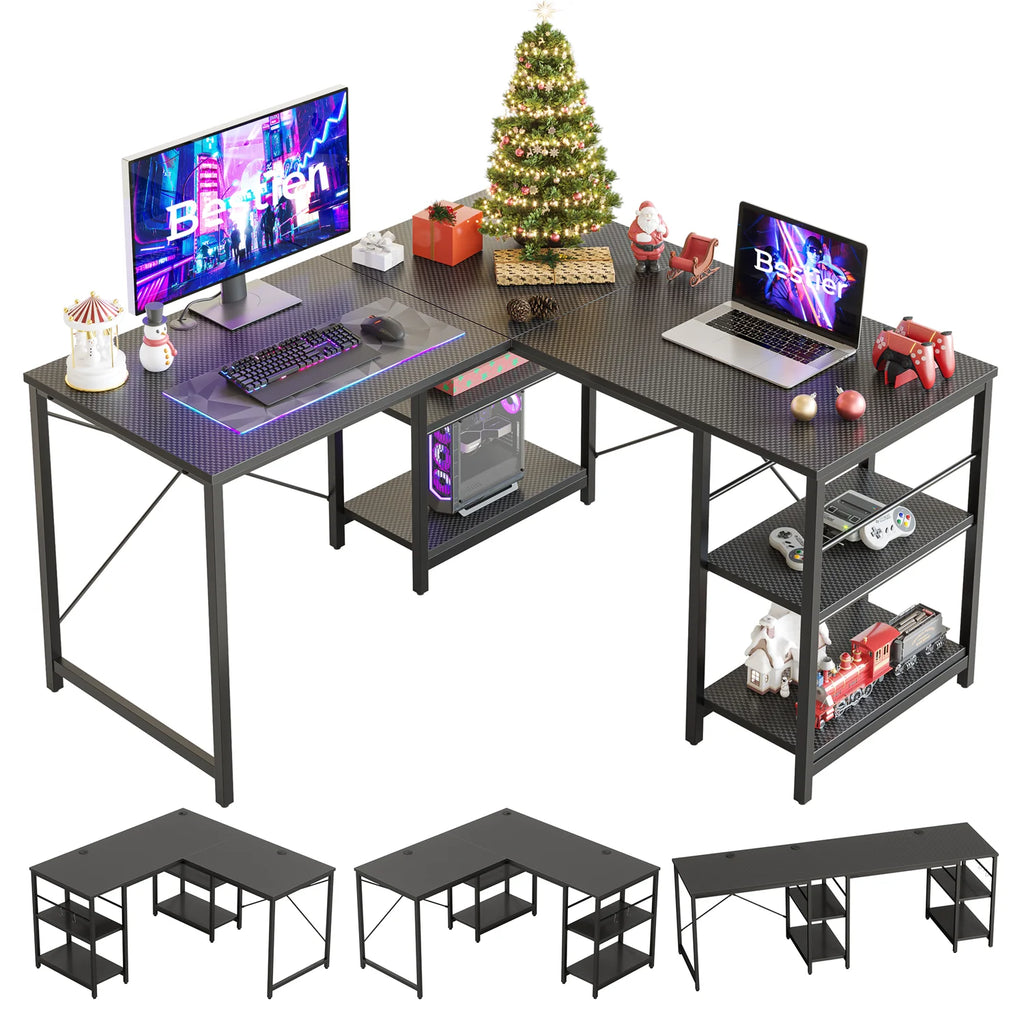 86.6 inch L-Shaped Reversible Computer Desk with Shelves V969