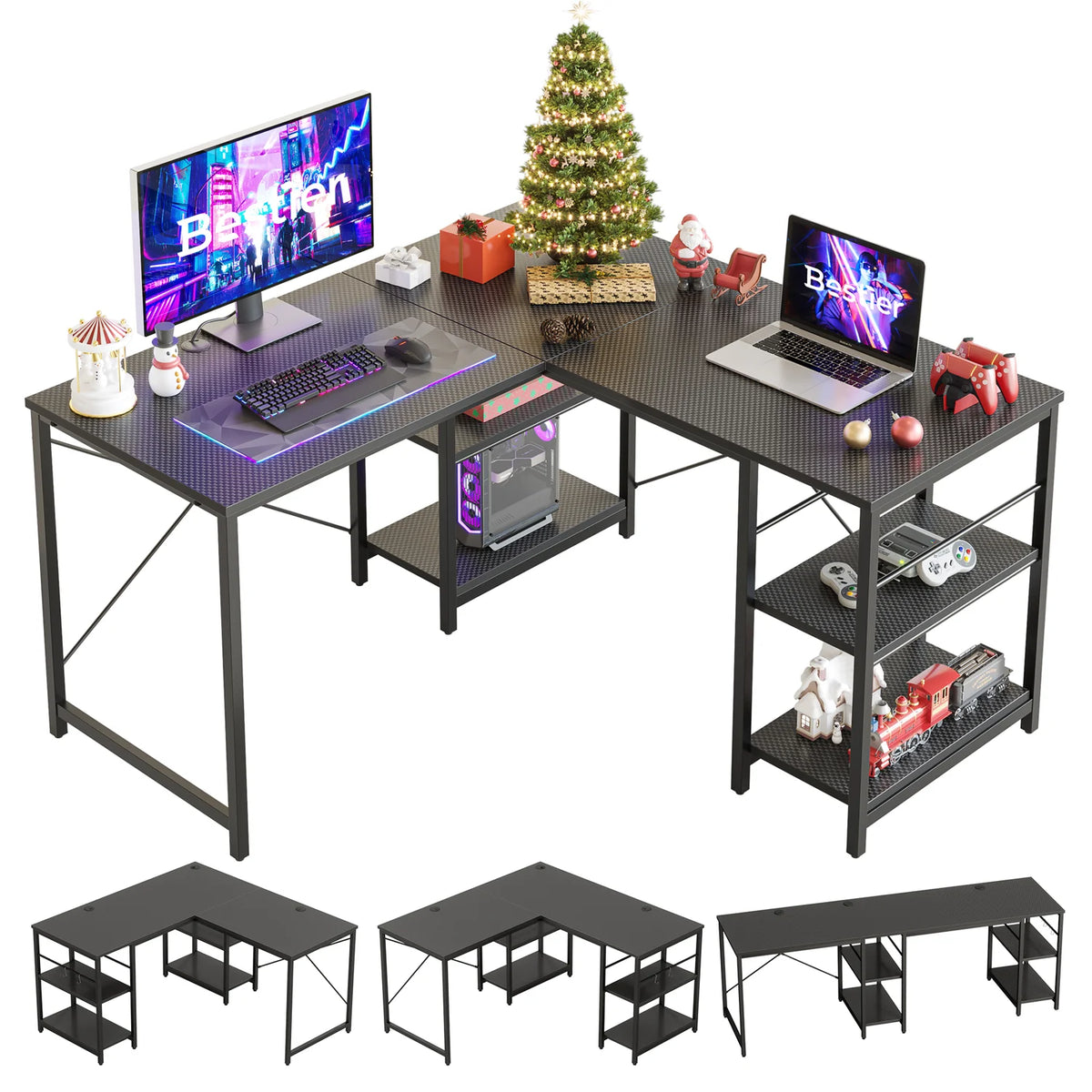 86.6 inch L-Shaped Reversible Computer Desk with Shelves V969