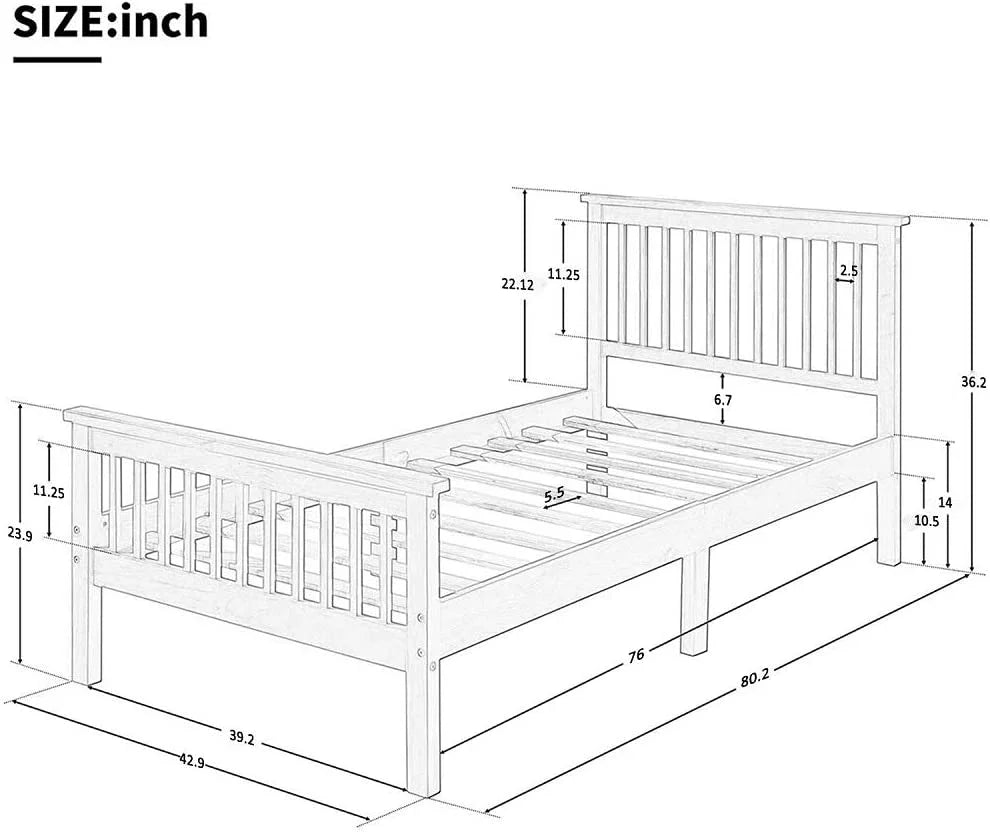 Pine Wood Low Profile Platform Bed, Twin, Oak S8307