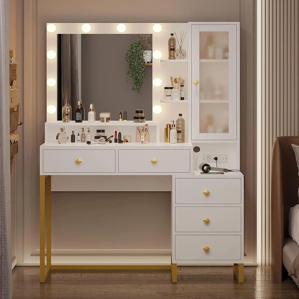 White Makeup Vanity with Lights and 5 Drawers H872717