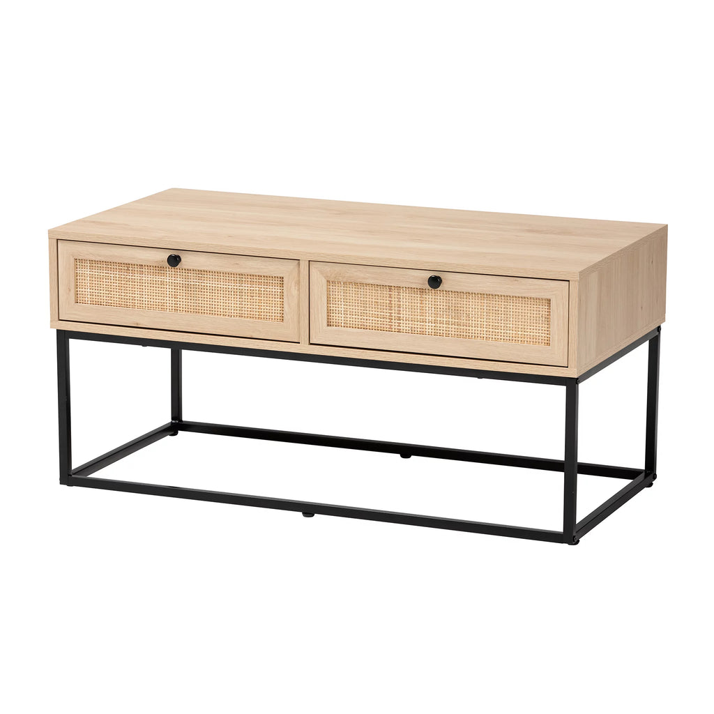 Natural Brown Wood and Rattan 2-Drawer Coffee Table G166