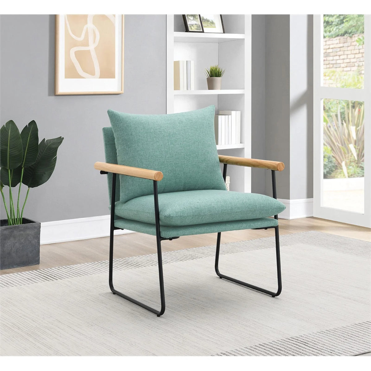 Sage Green Fabric Armchair with Black Sled Base Q38576