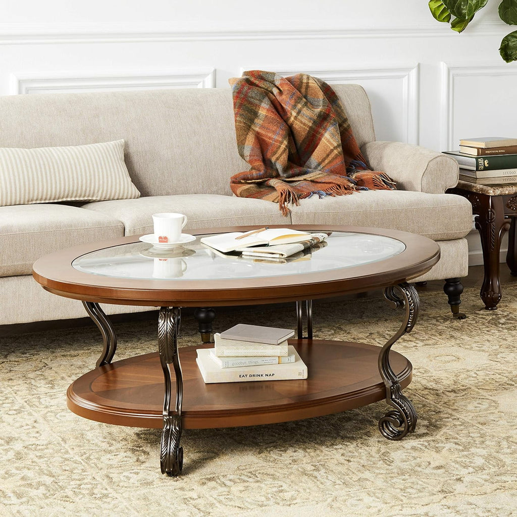 Oval Coffee Table with Glass Top and 1 Shelf K57603